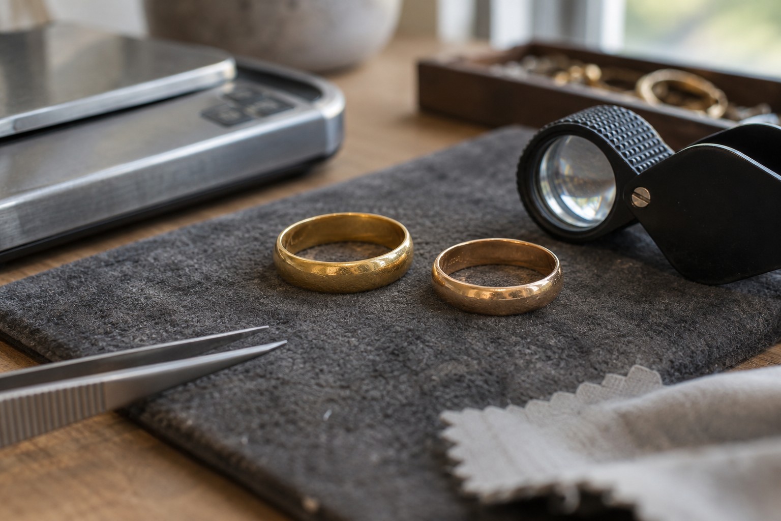 Cincin emas dengan warna berbeda diperiksa di meja penaksiran
