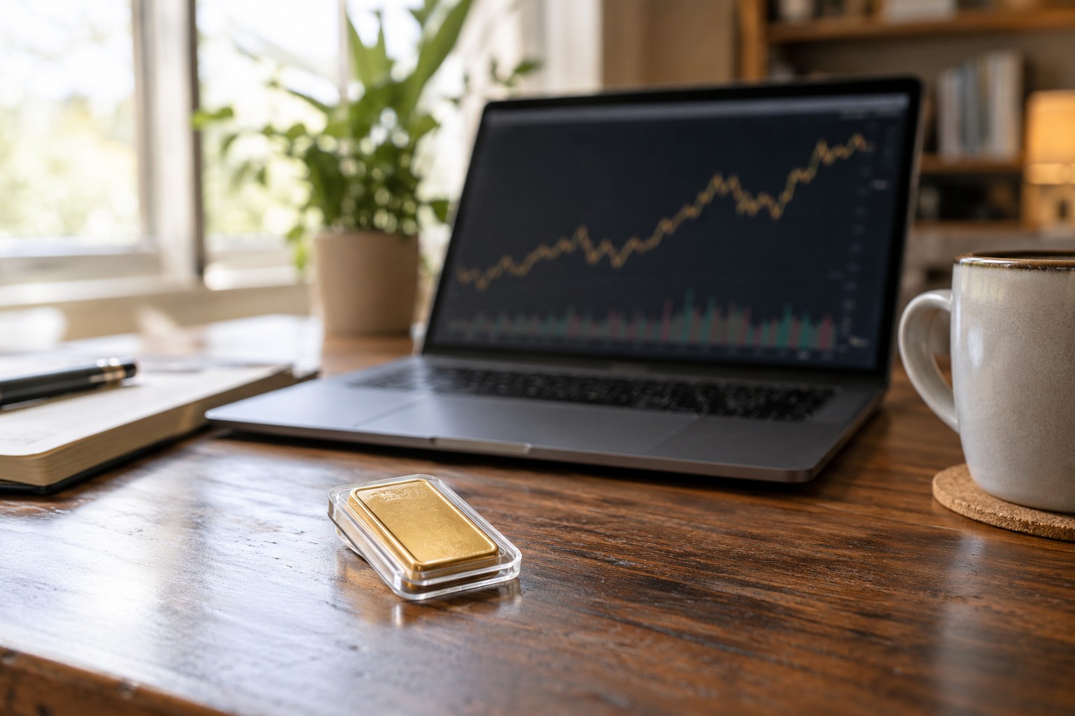 Emas batangan di samping laptop untuk membandingkan investasi ETF