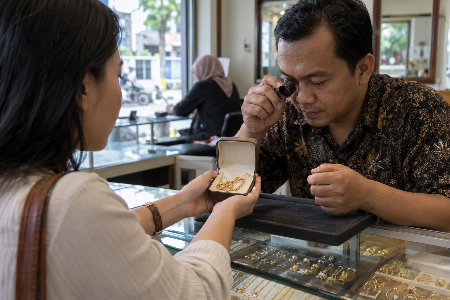 Pelanggan membawa kalung emas untuk dinilai di toko lain