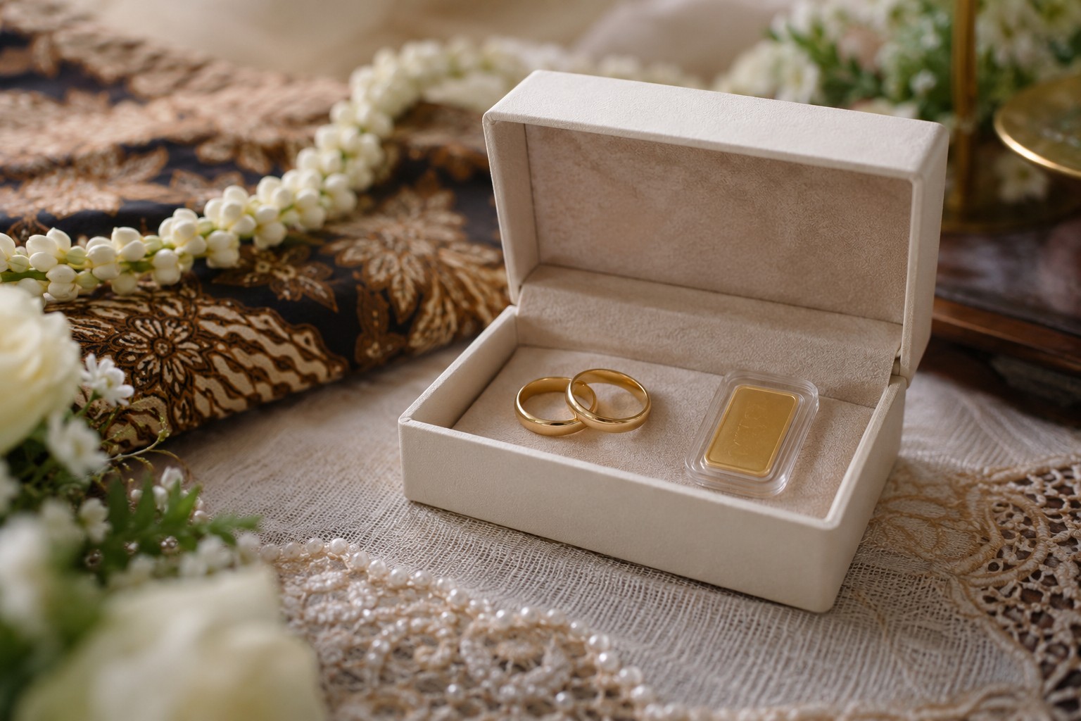 Sepasang cincin dan keping emas dalam kotak mahar sederhana