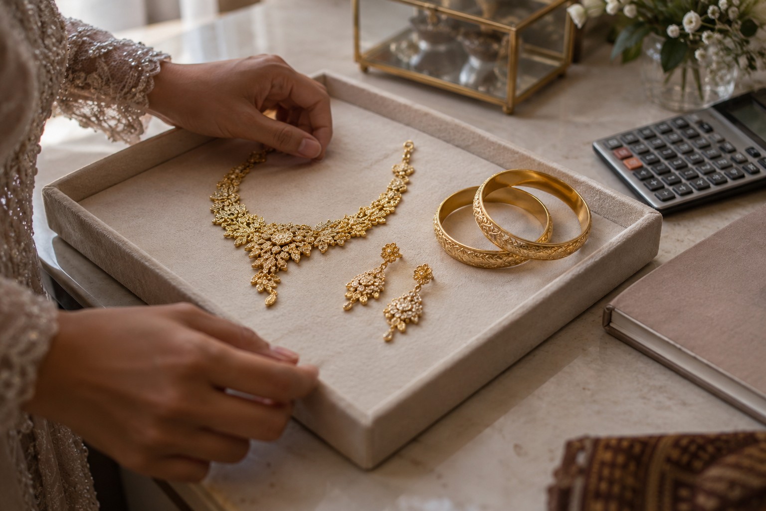 Satu set kalung, anting, dan gelang emas untuk pengantin